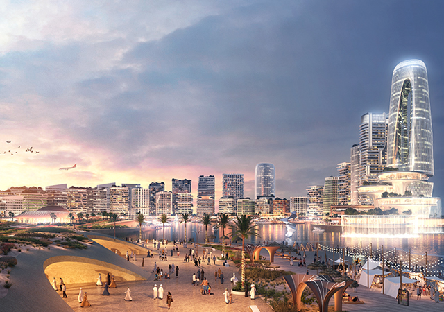 The new downtown area will feature a recreational waterfront with beaches and sports facilities.
